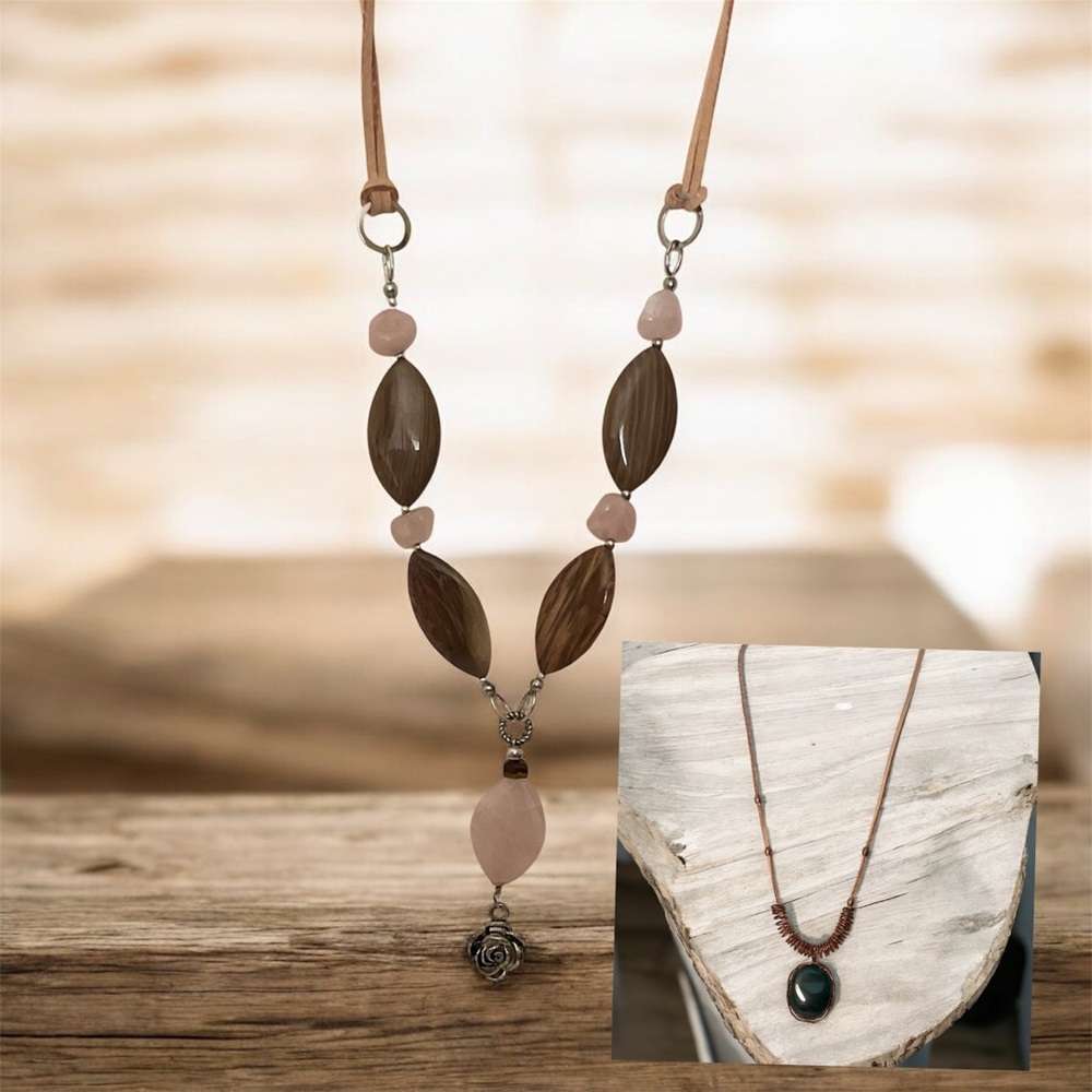 Elegant Brown Woodstone and Rose Quartz Beaded Necklace With Bonus necklace